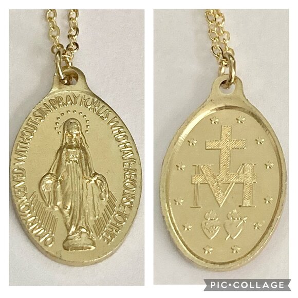 Immaculate Conception VirginMary Miraculous Medal Necklace GoldTone Sacred Heart - Picture 10 of 10